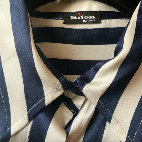 KITON 100% Silk Navy/Ivory Striped Blouse - Picture 8 of 13